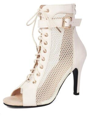 Women White Buckle Strap Peep Toe High Top Lace Up Solid Mesh Pump Sandal Boot